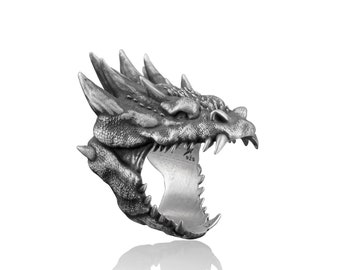 Dragon Head Handgemaakte Sterling Silver Men Biker Ring, Enorme Serpent Handgemaakte Ring, Dragon Gothic Ring, Dragon Silver Men Sieraden, Ring voor mannen