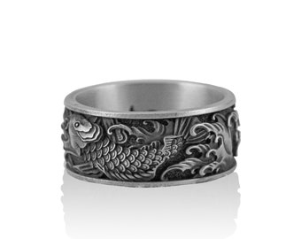 Carp and Waves Silver Men Band Ring for Men in 925K Silver, Ornament Japanese Art Men Ring, Koi Fish Band, Ocean Inspired Jewelry