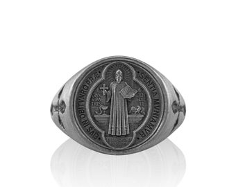 Sint-Benedictusring, zilveren Sint-Benedictusring, religieuze ringen, christelijke Zegelring, zilveren katholieke ringen, Sint-Benedictusring, mannengeschenken