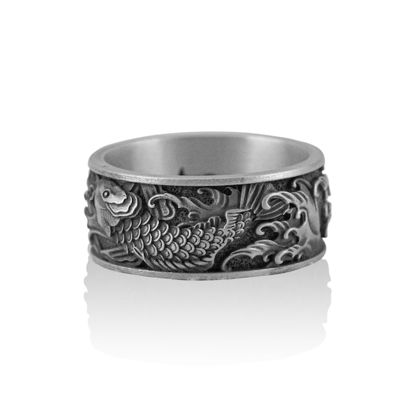 Carp and Waves Silver Men Band Ring for Men in 925K Silver, Ornament Japanese Art Men Ring, Koi Fish Band, Ocean Inspired Jewelry
