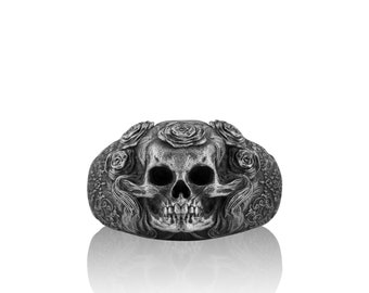 Schedel met rozen handgemaakte Sterling zilveren mannen Biker ring, schedel gotische ring, schedel punk ring, gotische schedel zilveren mannen sieraden, ring voor mannen
