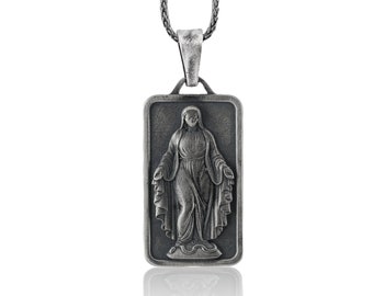 Collar de hombre de la Virgen María de plata, colgante personalizado de la Virgen María milagrosa, medallón de la Santa Madre de plata maciza, regalo católico religioso