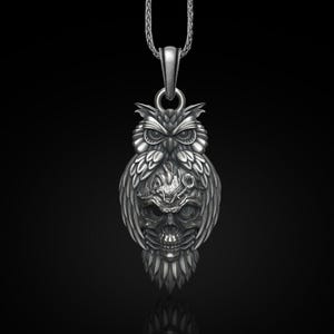 Engraved Sterling Silver Owl Skull Necklace - Gothic Norse Pendant