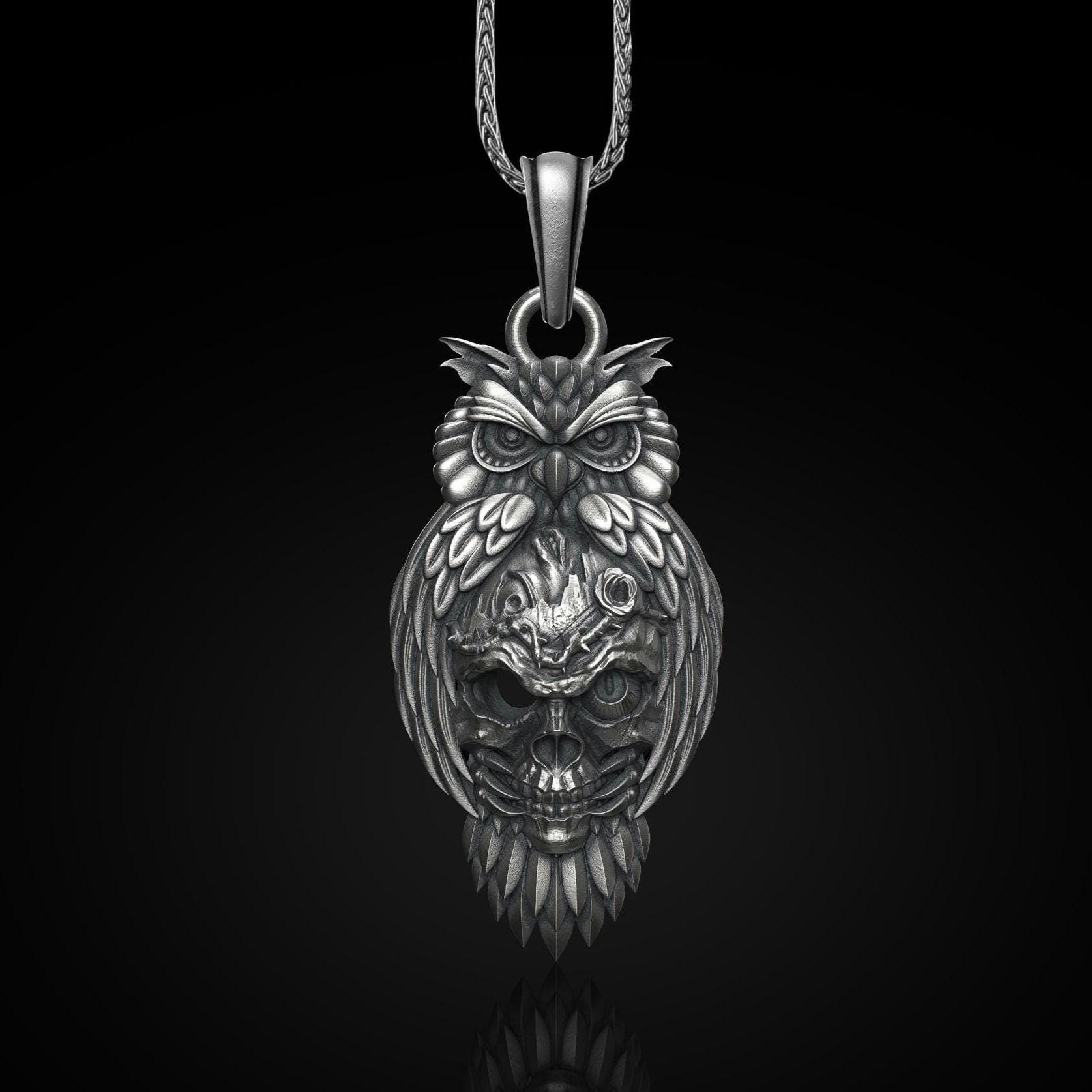 Engraved Sterling Silver Owl Skull Necklace - Gothic Norse Pendant