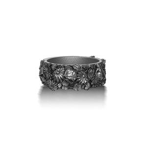Japanese Skull Flower Traditional Ornament Men Band Ring, Fashion Sterling Silver Ring, Japanese Jewelry, Skull Flower Ring for Men