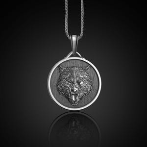 Engraved Wolf Necklace: Oxidized Sterling Silver Animal Pendant