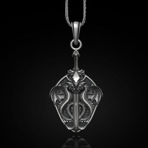 Sterling Silver Twin Dragon Pendant: Winged Dragon & Sword Necklace