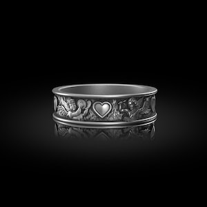 Unique Baby Angel and Hearts Sterling Silver Band Ring, Mom Gift Jewelry, Angel Ring, Guardian Angel Jewelry, Birthday Gift for Her, For Mom