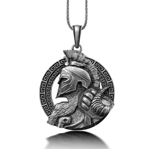 Greek Spartan Warrior Necklace For Men in Sterling Silver, Men&#39;s Warrior Pendant, Leonidas Pendant, Husband Gift Neckalce, Mythology Gifts