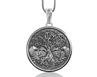 Yggdrasil Tree of Life with Wolf Handmade Silver Charm Necklace, Yggdrasil Norse Mythology Jewelry, Tree of Life Pendant, Mythology Necklace