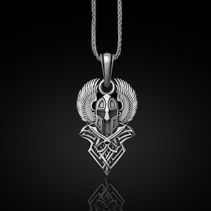 Sterling Silver Spartan Helmet Necklace: Angel Winged Greek Pendant