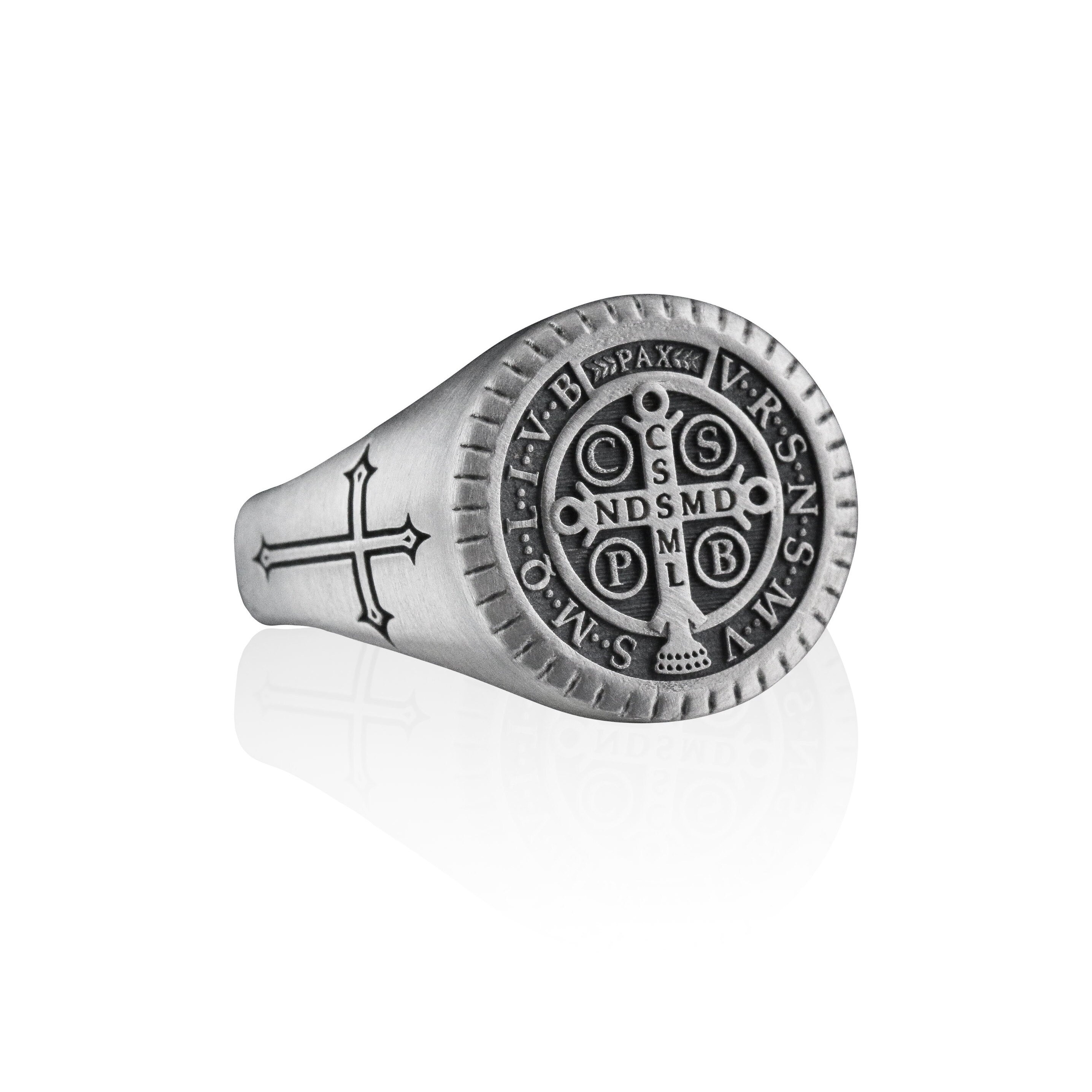 St Benedict Medal of Exorcism Cross Ring, Silver Saint Benedict