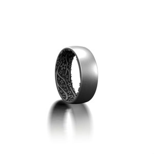 Unique Japanese Art Silver Band Ring Inside Sakura Flowers Pattern, Cool Sakura Flower Band Ring, Japanese Jewelry, Oriental Ring,