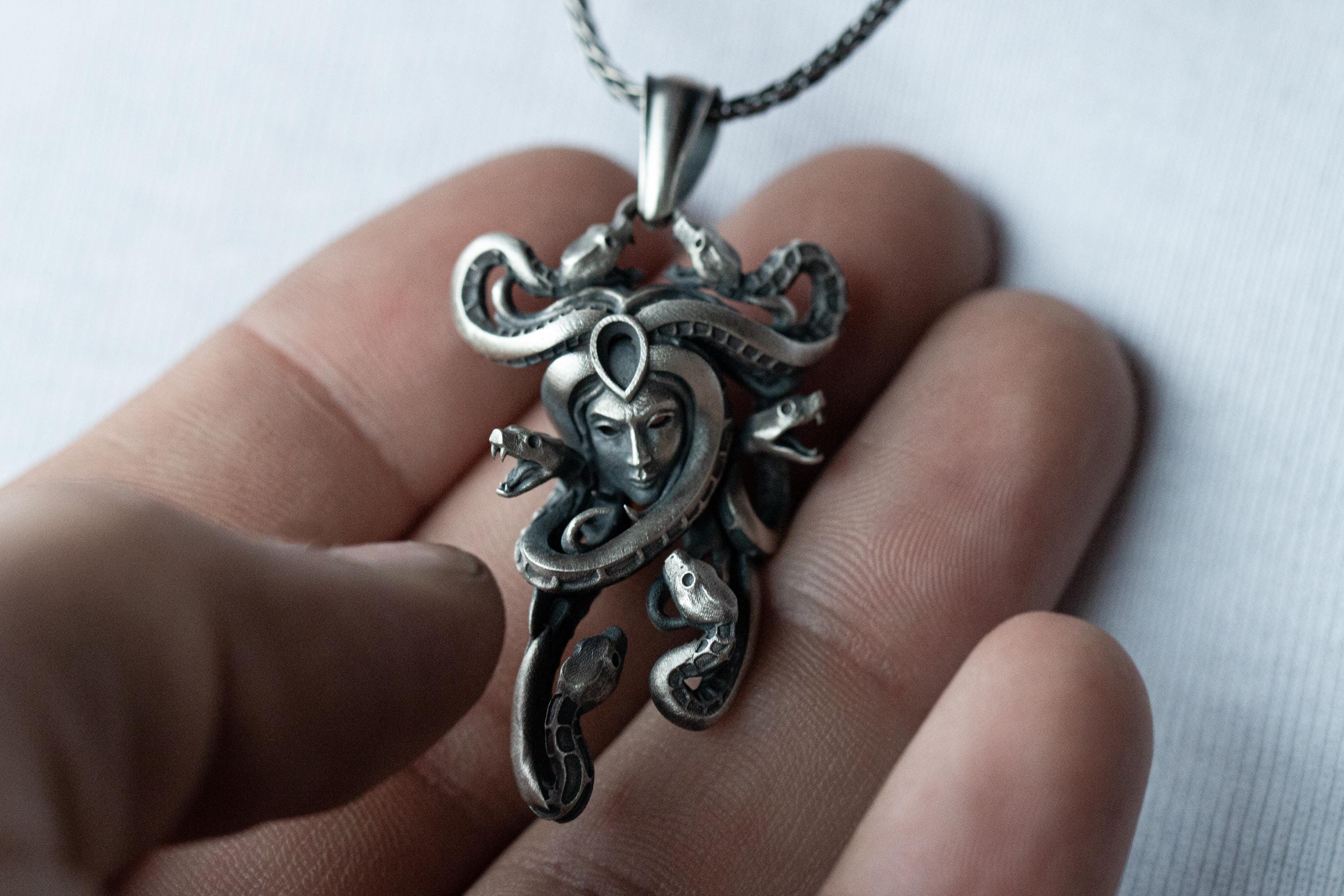 Medusa Handmade Silver Necklace, Ancient Greek Medusa Head Silver Men Jewelry, 3D Medusa Head Sterling Silver Pendant, Greek Mythology Gift