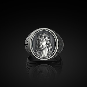 Anillo con sello de Jesús con corona de espinas en plata de ley, anillo religioso de plata con Jesús, joyería católica de plata para hombres, regalo católico