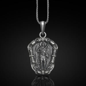 Sterling Silver Saint Michael Archangel Pendant Necklace - Oxidized Silver