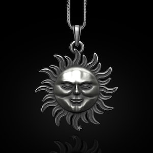 Unique Sun Face Necklace Pendant, Sun Charm Pendant, Sun Pendant Necklace, Sunshine Large Necklace, Celestial Silver Jewelry, Gift for Him