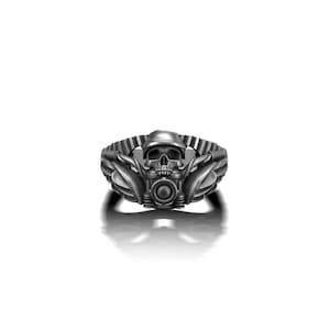 Oxidized Sterling Silver Biker Skull Ring: Handmade 925 Mens Ring