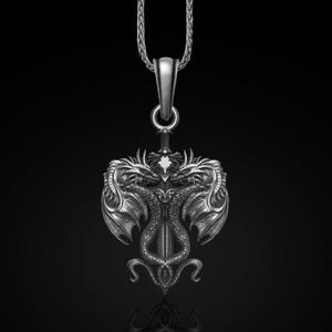 Sterling Silver Twin Dragon Sword Necklace: Unisex Winged Pendant