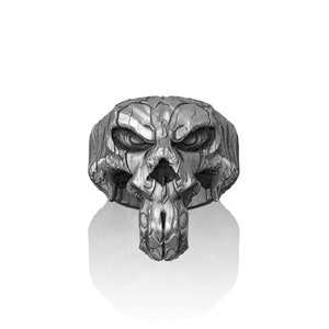 Handmade Tree Bark Skull Sterling Silver Biker Ring - Gothic Punk Jewelry