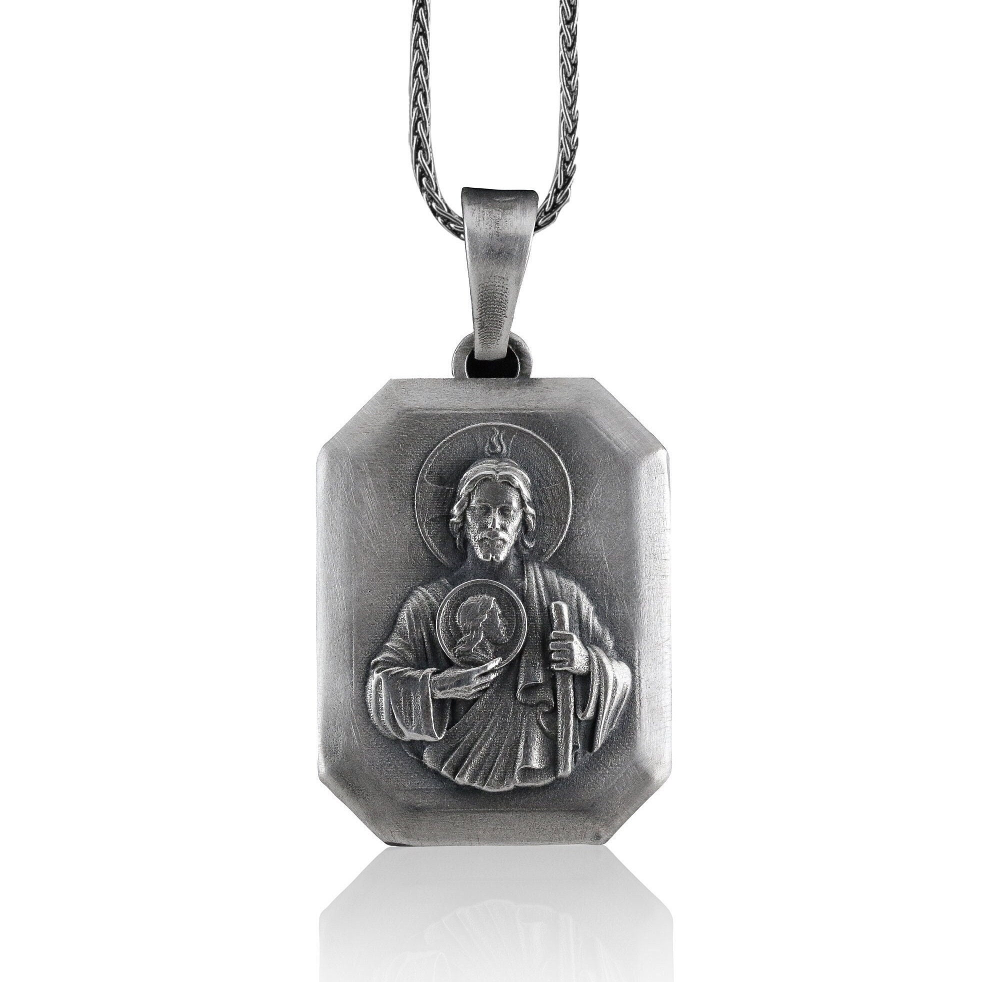 Silver Saint Jude Mens Necklace, Men Saint Jude Medallion, Saint Jude Silver Charm, Christian Medallion, Easter Day, Birthday Gift for Him