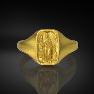 14k Solid Gold St. Scholastica Siegelring, 10K Gold Christian Ring, Einzigartiger Ring für Mann, Echtgold Siegelring, Weihnachtsgeschenke