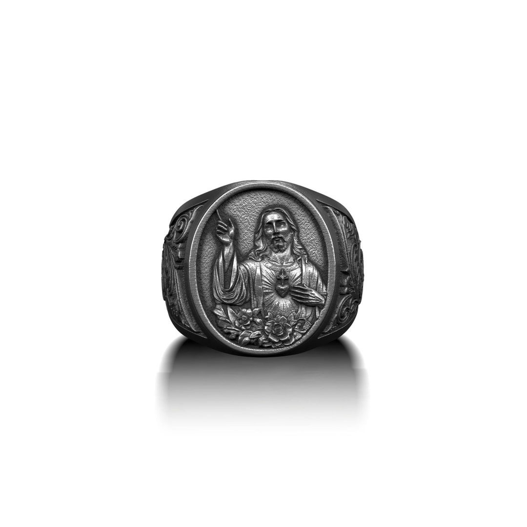 Jesus and Sacred Heart Signet Rings for Men in Silver, Oxidized Silver ...