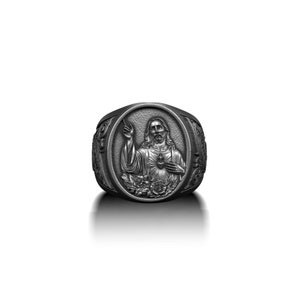 Anillos de sello de Jesús y Sagrado Corazón para hombres en plata, anillo de Jesús salvador de plata oxidada, anillo de protección, joyería de regalo de hombres cristianos