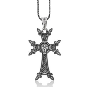 Church Themed Cross Necklace Men Oxidized Sterling Silver, Christian Cross Pendant Necklace, Modern Christian Jewelry, Religious Gifts