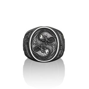 Yin Yang Koi Fish Ring: Oxidized Sterling Silver Carps, Japanese Art