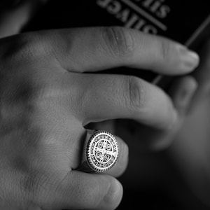 St Benedict Medal Signet of Exorcism Cross Ring, Womens St. Benedict Ring Sterling Silver, Religious Rings, Christian Signet Ring, Mens Ring