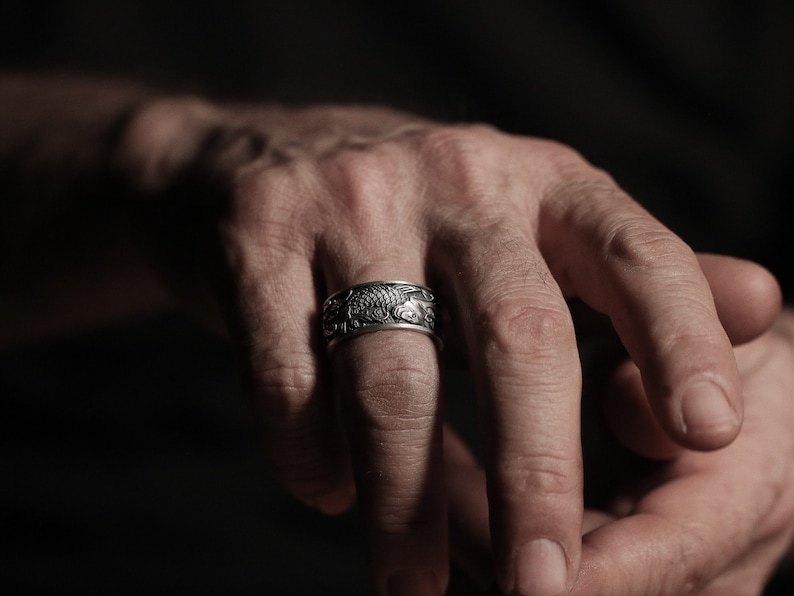 Carps and WavesSilver Men Band Ring