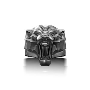 Men Silver Wild Panther Ring, Men Jaguar Head Ring, Signet Silver Tiger Ring, Mens Oxidized Ring, Men African Jewelry, Zodiac Lion Rings