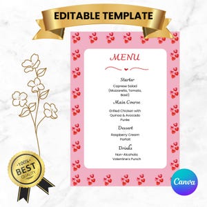 Edytowalny szablon menu na kolację walentynkową | Szablon specjalnego menu | Menu kolacji z serduszkami | Natychmiastowe pobranie