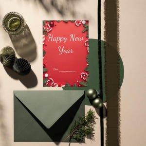 Neujahr Digitale Rot Postkarten | 2025 Happy New Year Karte Sofort Download