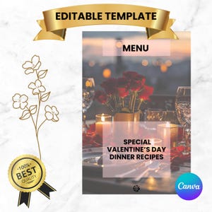 Edytowalne menu kolacji walentynkowej | Szablon menu romantycznej kolacji | Menu do druku i dostosowania na specjalne okazje | Natychmiastowe pobranie