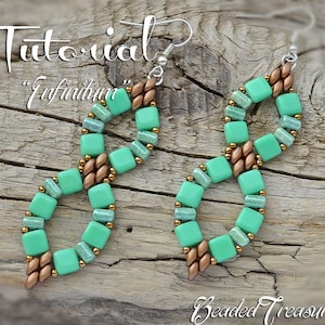 May include: A pair of handmade earrings in an infinity symbol design. The earrings feature square mint green beads, copper-coloured beads, and silver-tone ear wires. The word "Tutorial" and "Infinity" are written on the image.