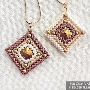 May include: Two beaded diamond-shaped pendants with gold chains. One pendant is brown, white, and gold, the other is white, tan, and gold. Each pendant has a central gold star-shaped bead and is surrounded by smaller beads.