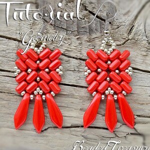 May include: A pair of red beaded earrings with a geometric design. The earrings feature a square top with silver beads and three red teardrop-shaped dangles. The word "Tutorial" and "Geometry" are written in white script.