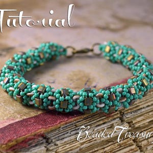 May include: A teal, brown, and gold beaded bracelet with a clasp. The bracelet features small beads and square accents. The word "Tutorial" is written in white script at the top, and "Beaded Treasury" is written in script at the bottom.