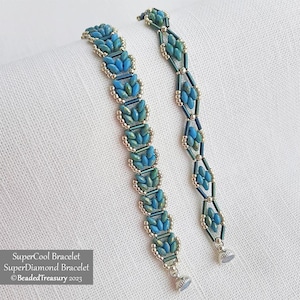 May include: Two beaded bracelets. One bracelet features a leaf-like design in shades of blue and teal, with silver-colored beads. The other bracelet has a diamond pattern in similar colors. The bracelets are displayed on a white surface. Text on the image reads "SuperCool Bracelet SuperDiamond Bracelet © BeadedTreasury 2023".
