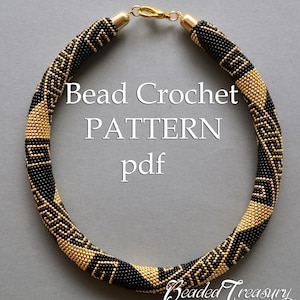 May include: A beaded crochet necklace pattern in black and gold, with geometric designs. The necklace is circular, with gold-colored metal clasps. The text "Bead Crochet PATTERN pdf" is overlaid on the image, along with the text "Beaded Treasury".