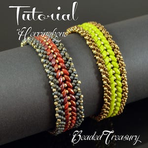 HERRINGBONE Bracelet Beading Tutorial, Beading pattern with 2-hole Superduo and Seed Beads
