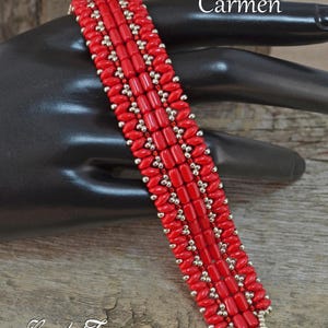 Beading Tutorial CARMEN Bracelet, Beading pattern with 2 hole Superduo Rulla, Seed beads, Red beaded jewelry