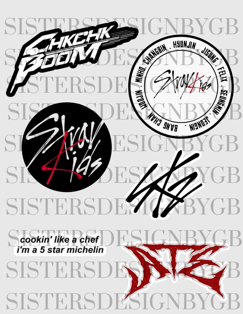 May include: Five black and white stickers with the text "Stray Kids" in different styles. One sticker has the text "HKCHK BOOM" in white with a black outline. One sticker has the text "cookin' like a chef I'm a 5 star michelin" in white with a black outline. One sticker has the text "Stray Kids" in white with a black outline. One sticker has the text "Stray Kids" in white with a black outline and a red line through it. One sticker has the text "Stray Kids" in white with a black outline and a red line through it.