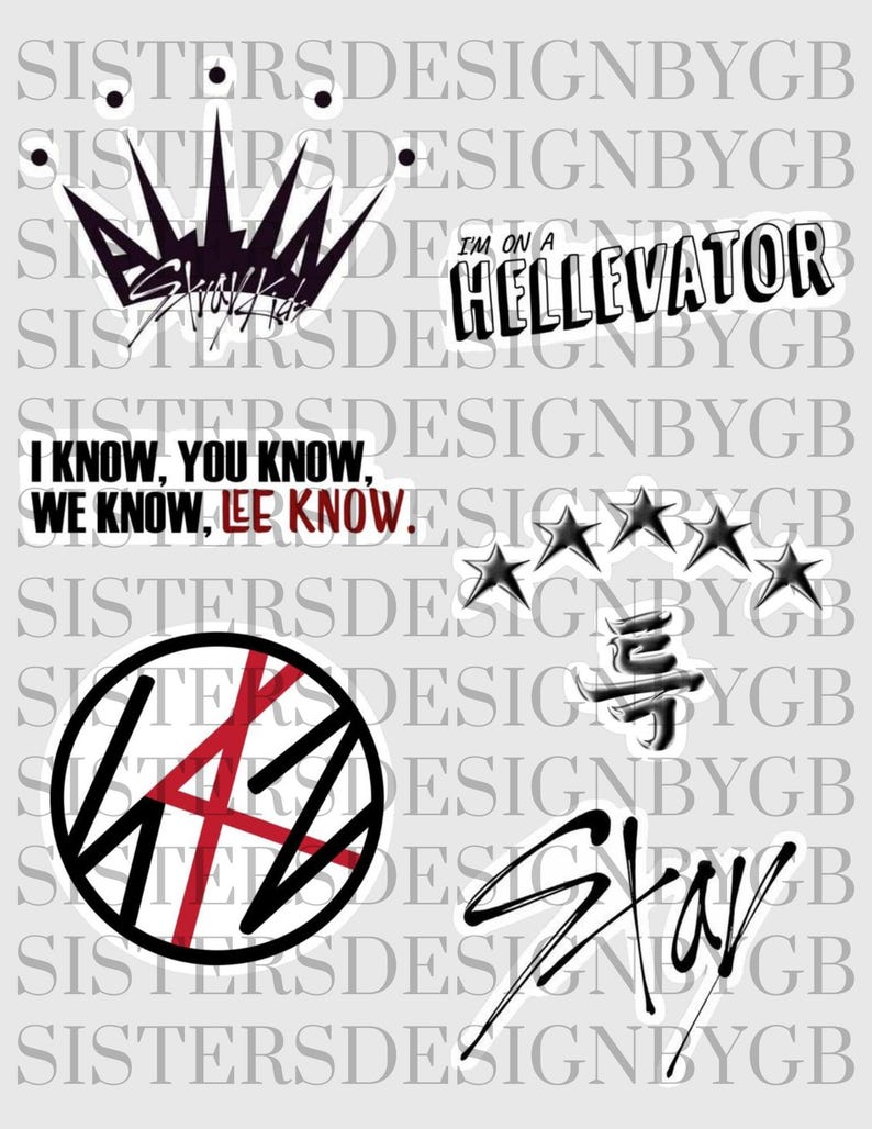 May include: A collection of black and white stickers featuring the text "I know, you know, we know, Lee know!" and a crown with the text "Stray Kids" inside. There is also a sticker with the text "I'm on a Hellevator" and a sticker with the text "Stay" and a stylized logo with a red line.