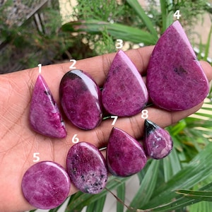 以下が含まれることがあります： さまざまな形をした、研磨された8つの宝石のコレクション。 涙型、楕円形、不規則な形などがあります。 石は、濃いピンクと紫の色合いを示し、一部はより暗いインクルージョンを示しています。 宝石は自然な背景に展示されています。