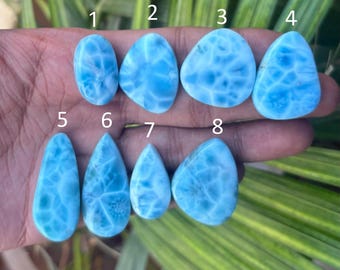 Può includere: Otto pietre preziose di larimar lucidate in varie forme, tra cui ovali e a goccia. Le pietre mostrano un colore azzurro chiaro con venature bianche, che ricordano le onde dell'oceano. Le pietre preziose sono tenute in una mano su uno sfondo di fogliame verde.