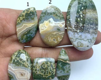 May include: Six polished gemstones in various shapes. The stones feature a mix of green, beige, and white colors with unique patterns. The gemstones are held in a hand, showcasing their size and detail. These stones are ideal for jewelry making or collecting.