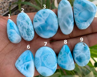 Può includere: Una collezione di nove pietre preziose di larimar lucide in varie forme, tra cui ovali, a goccia e a forma libera. Le pietre mostrano una gamma di tonalità azzurre con marmorizzazioni bianche, che ricordano le onde dell'oceano. Le pietre sono tenute in una mano.